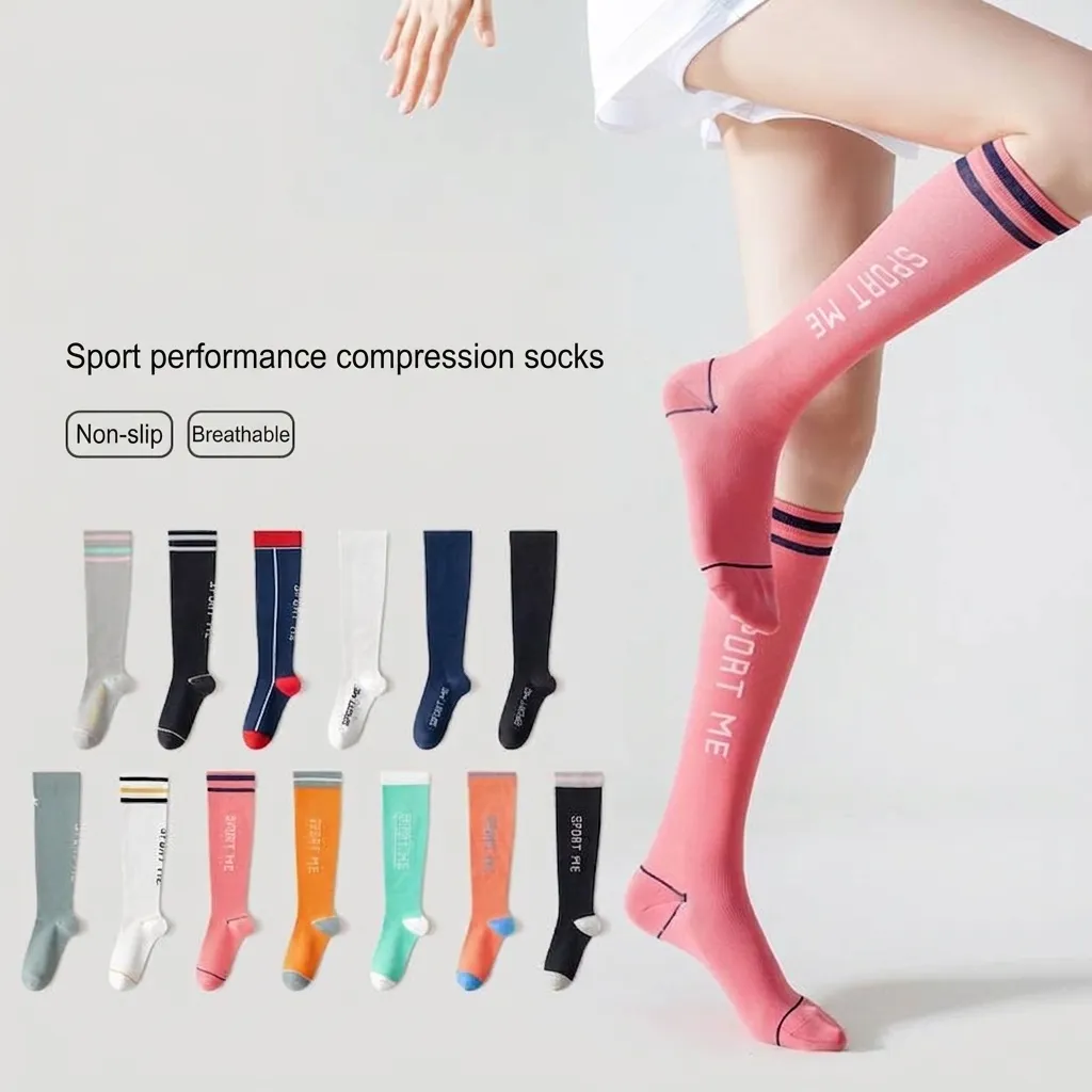 Calze Sportive a Compressione al Polpaccio da Donna in Cotone Pettinato con Lettere e Righe Calze per Fitness e Corsa Traspiranti