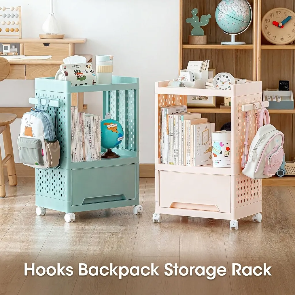 Mobile Utility Cart Storage Rack Plastic Multi Layer Desktop Organizer With Wheels And Hooks For Home Office Study Organizers