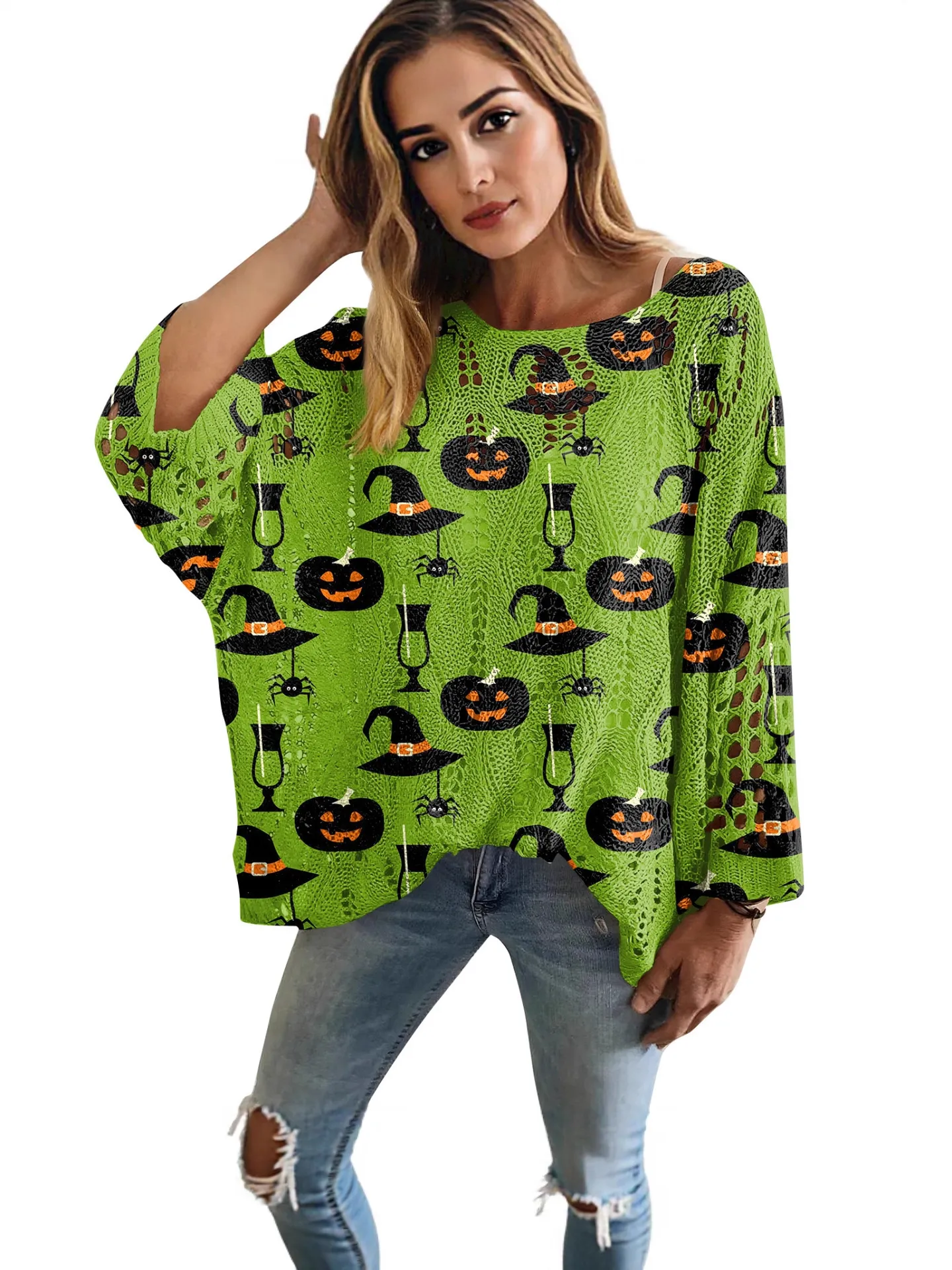Maglione in Maglia Traforata di Halloween da Donna Pullover con Stampa Zucca Pipistrello a Manica Lunga Girocollo Top