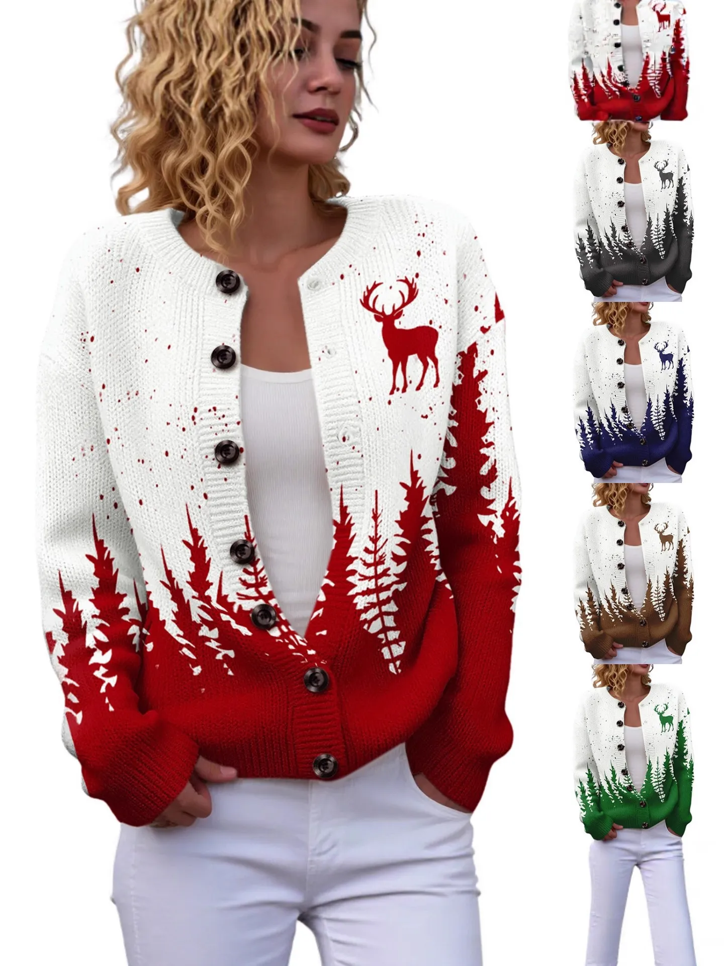 Women Christmas Printed Knit Cardigan Top Casual Round Neck Printed Sweater Festive Reindeer Snowflake Pattern Button Knitwear