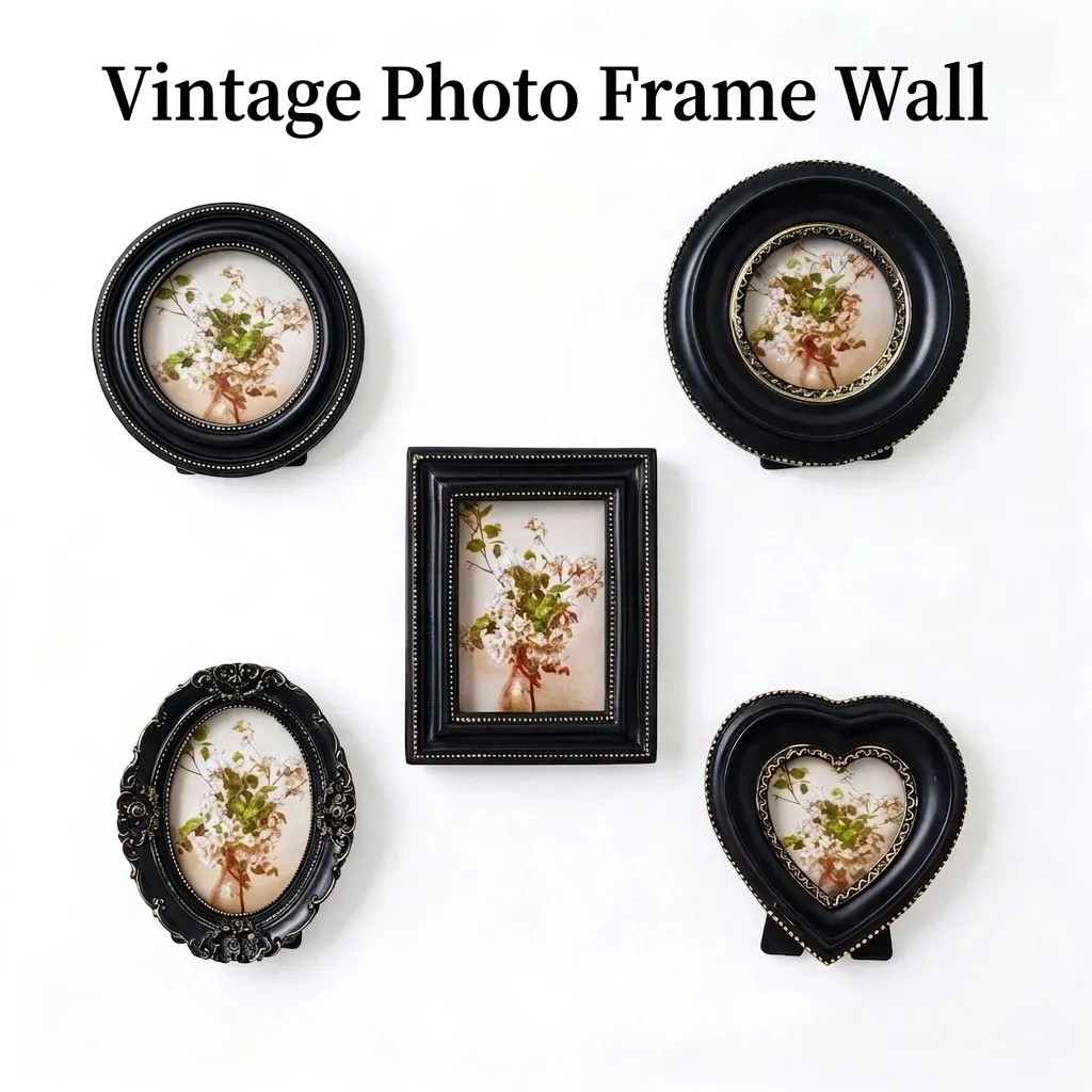 American Vintage Distressed Resin Photo Frame Black Gold Embossed Baroque Picture Frame Heart Oval Round Square Desktop Wall Decor