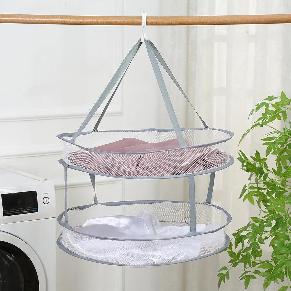 Foldable Hanging Drying Net Polyester Mesh Clothes Dryer For Socks Underwear Flat Drying Rack With Windproof Hook Home Laundry Tool