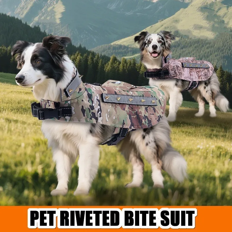 Polyester Camouflage Pet Anti-Bite Vest With Metal Spikes Reflective Strip Back Handle Protective Tactical Dog Clothing For Outdoor Sports
