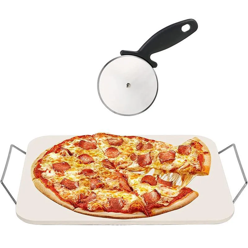 Cordieriet Pizzasteen Bakplaat Set Met Roestvrij Stalen Rek Handvat En Plastic Rollensnijder Voor Oven Brood Gebak Huis Keuken Koken
