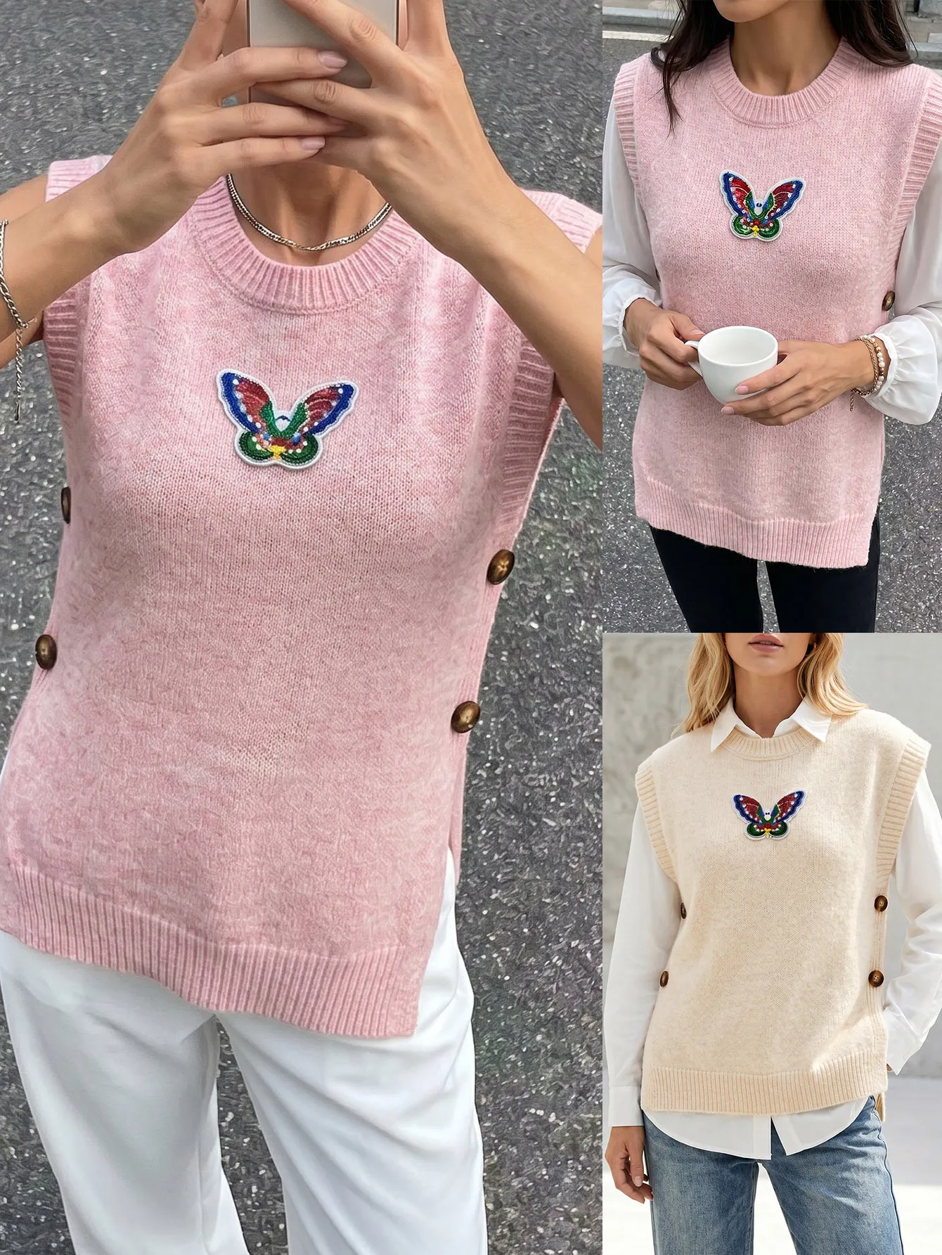 Damen Rundhals Pailletten Schmetterling Applikation Strickweste Lässiges Ärmelloses Pullover Top Mit Dekorativen Knöpfen Mode Oberbekleidung