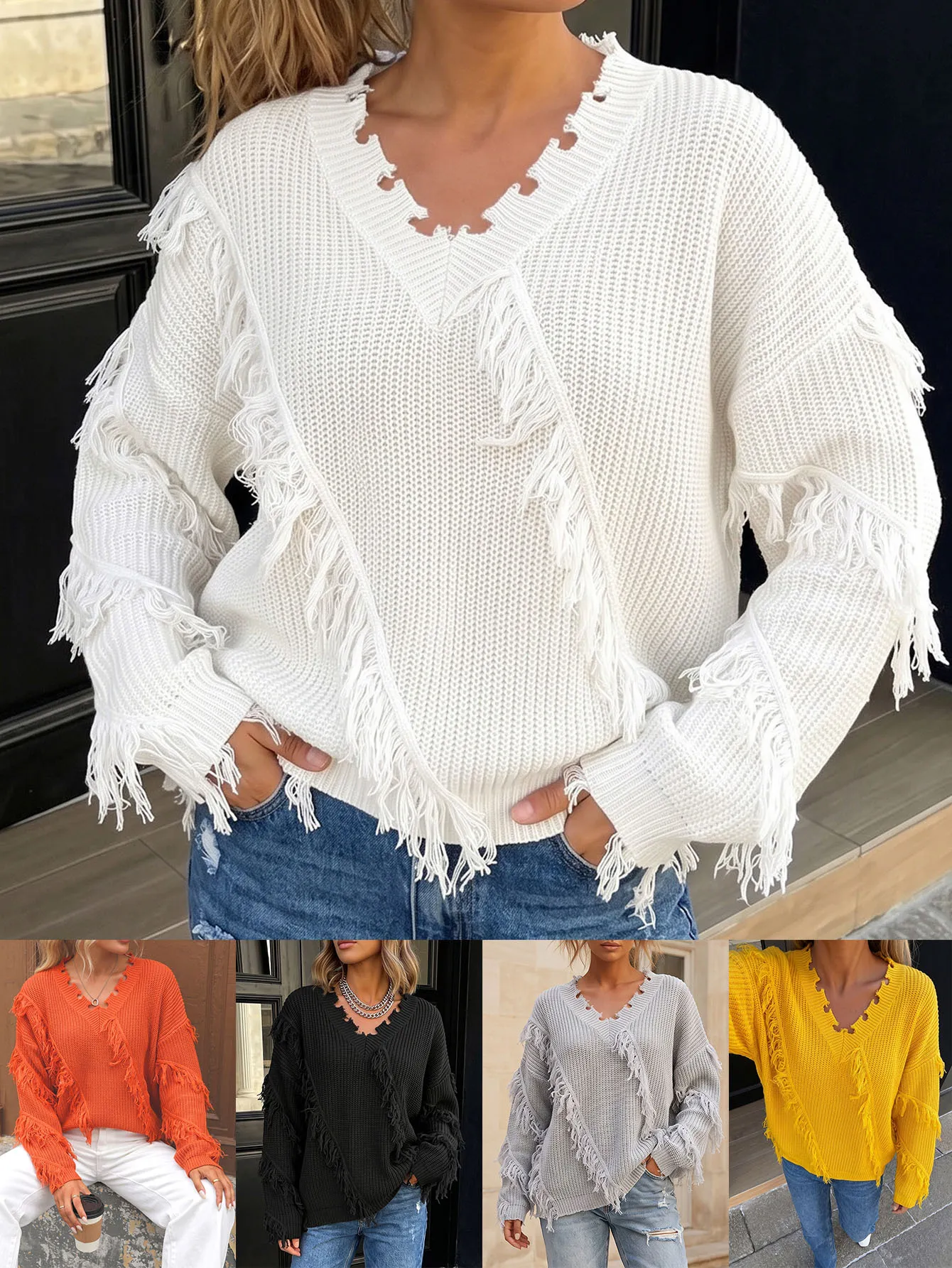 Womens Casual Loose Fit V-Neck Long Sleeve Solid Color Tassel Distressed Pullover Knit Sweater For Autumn Winter