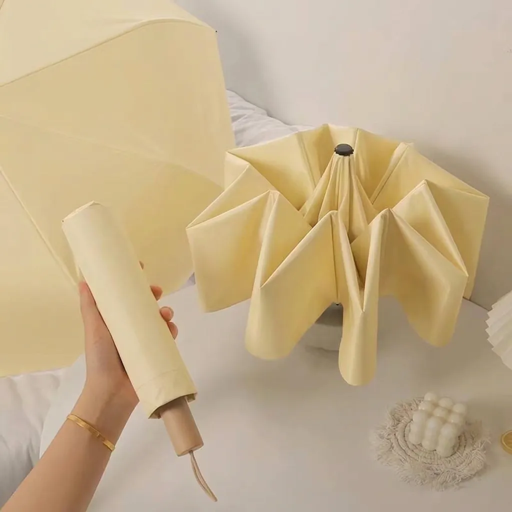 Paraguas Manual de 3 Pliegues con Protección UV Recubrimiento Negro Parasol Lluvia Doble Uso Sombrilla con Lazo Mango de Madera