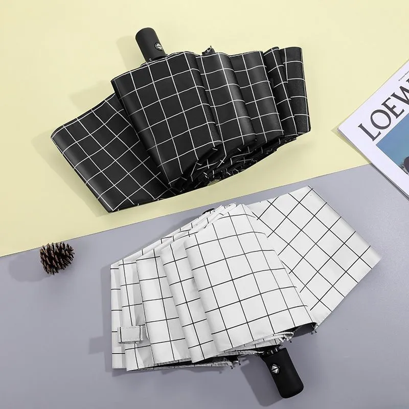 Parapluie Pliant Classique à Carreaux Protection Solaire Anti-UV Revêtement Noir Tissu Ponge Parapluie Compact à 3 Plis de Voyage