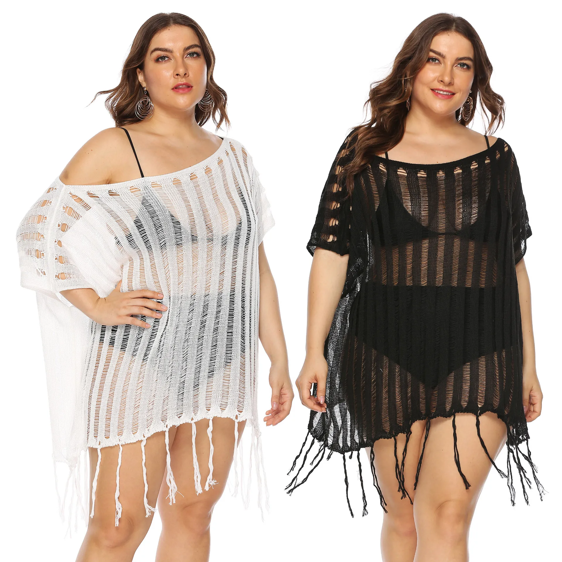 Plus Size Women Crochet Hollow Out Beach Cover Up Slash Neck Loose Sheer Tassel Knit Top Summer Vacation Resort Wear