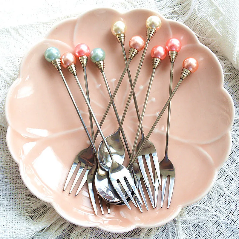 Koreanischer Stil Edelstahl Besteck Künstliche Perle Griff Spiegelpoliert Dessertlöffel Fruchtgabel Heim Party Küche Essen