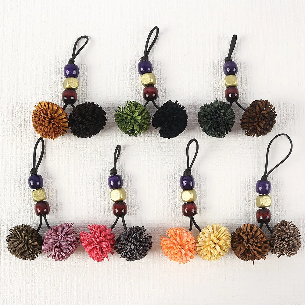Retro PU Leather Tassel Ball Bag Charm With Wooden Beads Bohemian Handbag Shoe Decoration Pendant Vintage Accessories