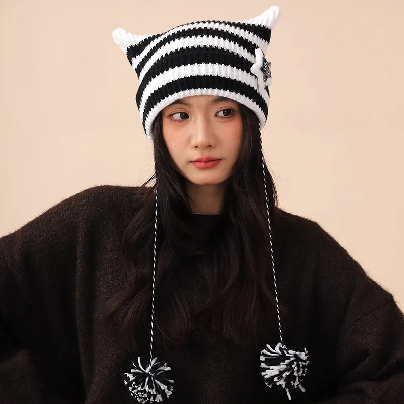 Cute Cat Ear Striped Knitted Beanie Hat Y2K Devil Style With Star Patch And Pom Poms For Women