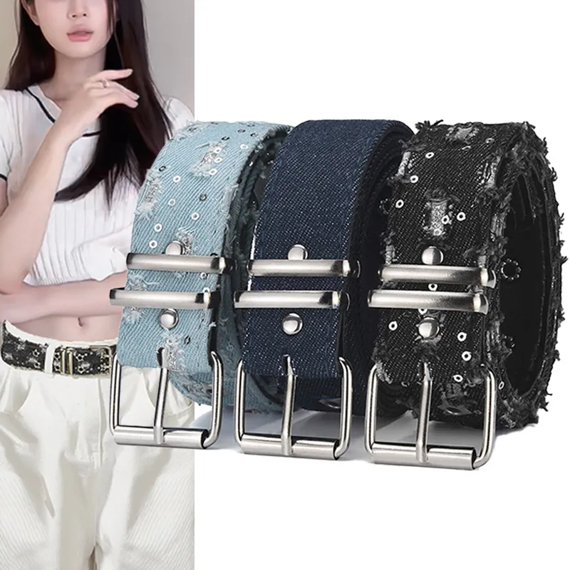 Punk Style Distressed Denim Belt Women Star Metal Eyelets Sequin Fashion Decorative Trouser Waist Belt