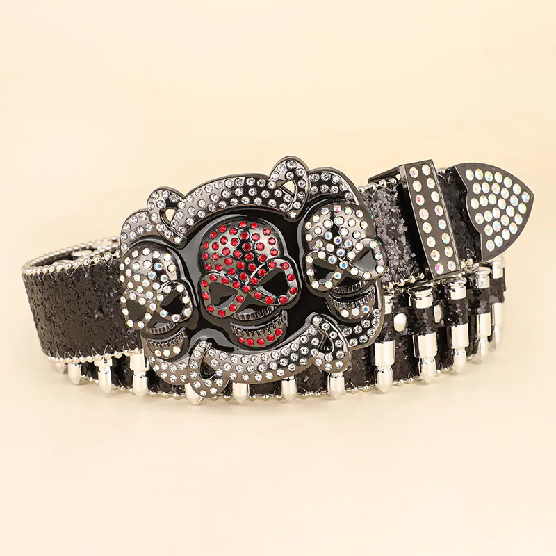 Punk Skull Rhinestone Belt Heavy Duty Sequin PU Leather Waist Belt With Bullet Rivet Hip Hop Gothic Cowboy Belt For Men Women
