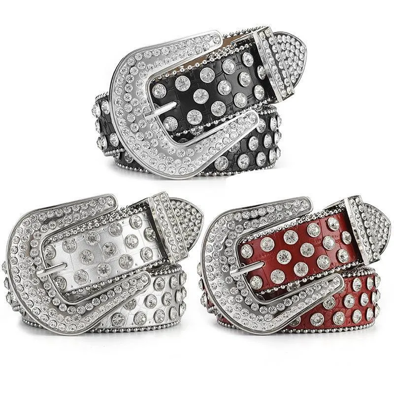 Punk Unisex Rhinestone Studded Belt Faux Crocodile Leather Western Cowboy Wide Waist Belt With Large Buckle