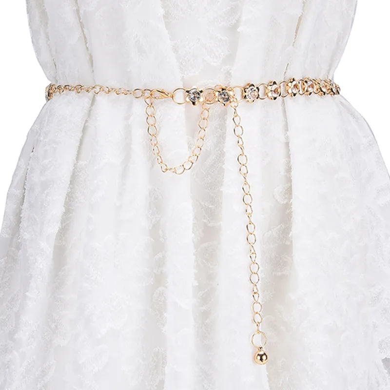 Fashion Metal Waist Chain Belt For Women Rhinestone Flower Inlaid Dress Coat Decorative Belt Chain Gold Silver Body Jewelry