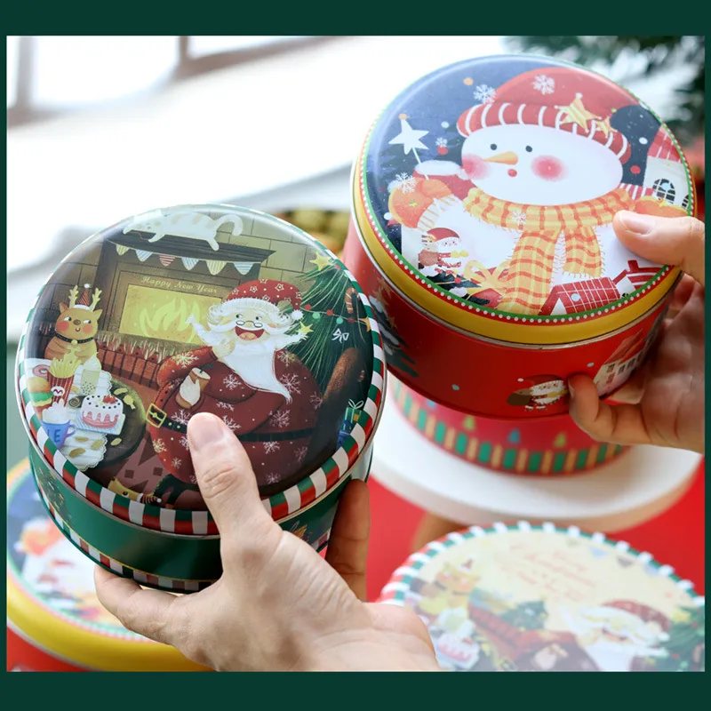 Boîte de Rangement de Biscuits de Bonbons en Fer-Blanc de Noël Boîte Cadeau Festive en Métal Rond Avec Couvercle Pour Fête Maison
