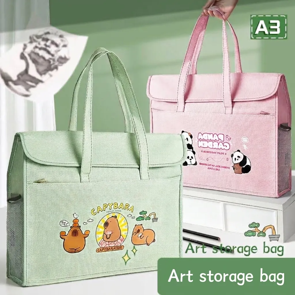 Bolsa de Almacenamiento de Arte de Lona de Gran Capacidad para Estudiantes Carpeta de Tutoría A3 Con Patrón de Capibara Panda Bolsa de Mano Con Cremallera