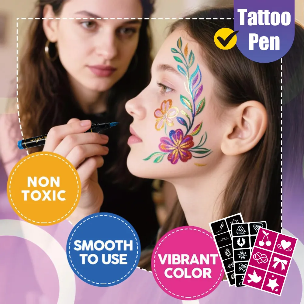Marcadores de Tatuaje Temporales Bolígrafos de Pintura Corporal Con Pegatinas de Plantilla Seguros Lavables Set de Dibujo para Niños Fiesta