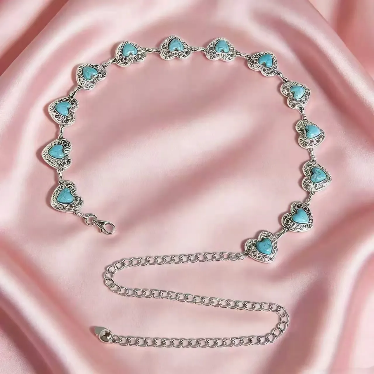 Vintage Ethnic Metal Waist Chain Adjustable Heart Faux Turquoise Belt For Women Boho Exotic Heavy Duty Jewelry Body Chain Accessory