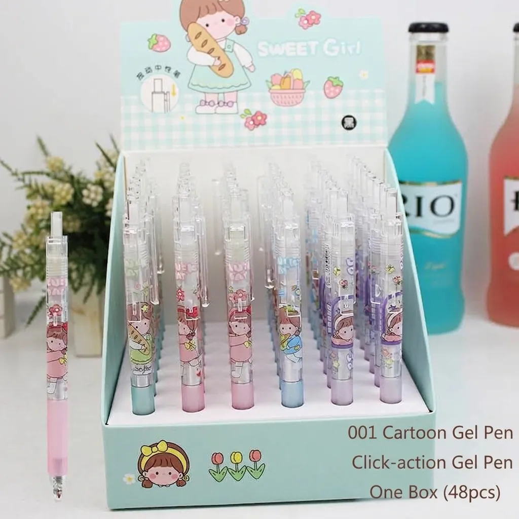 Cute Transparent Retractable Gel Pen Plastic Cartoon Strawberry Flower Design Office School Writing Stationery Black Ink Pen