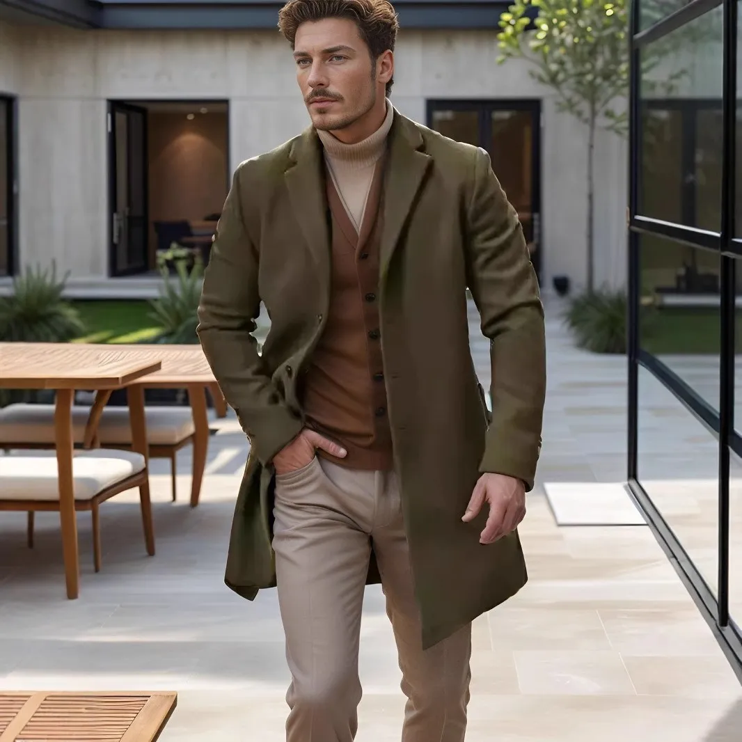 Manteau Homme Mi-Long Style Britannique Trench-Coat Casual À Boutonnage Simple Hiver Chaud Polyester Coupe-Vent Top Homme