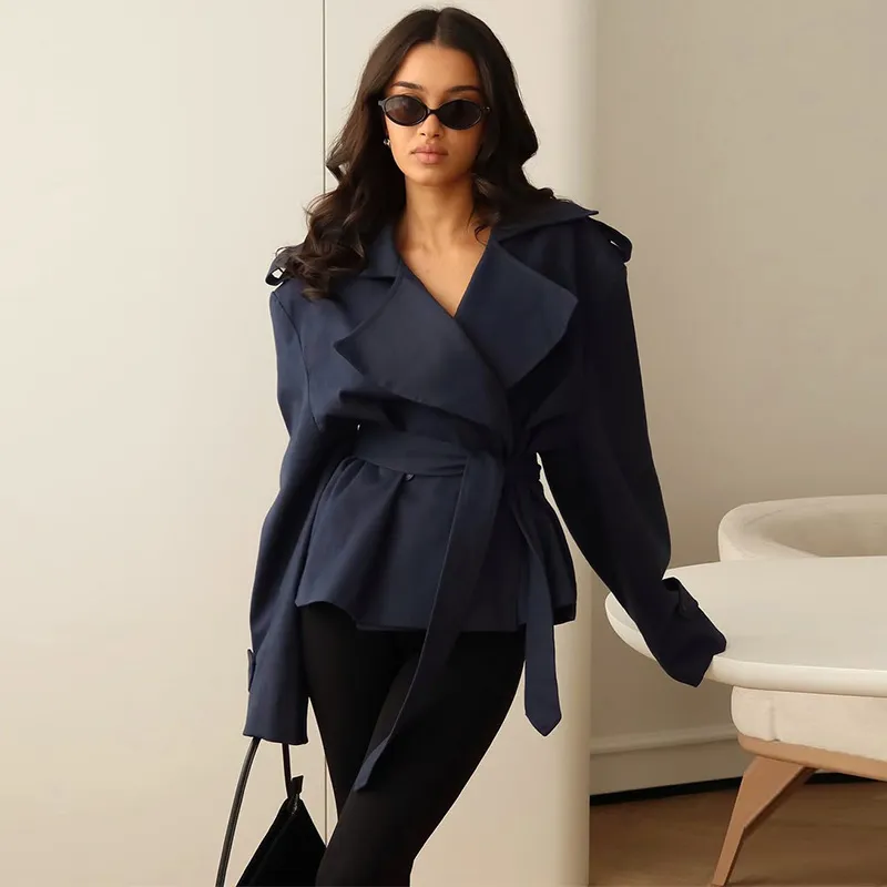 Women Mature Elegant Polyester Lapel Long Sleeve Top Outerwear Casual Loose Fit Commuting Belted Solid Color Fashion Shirt Jacket