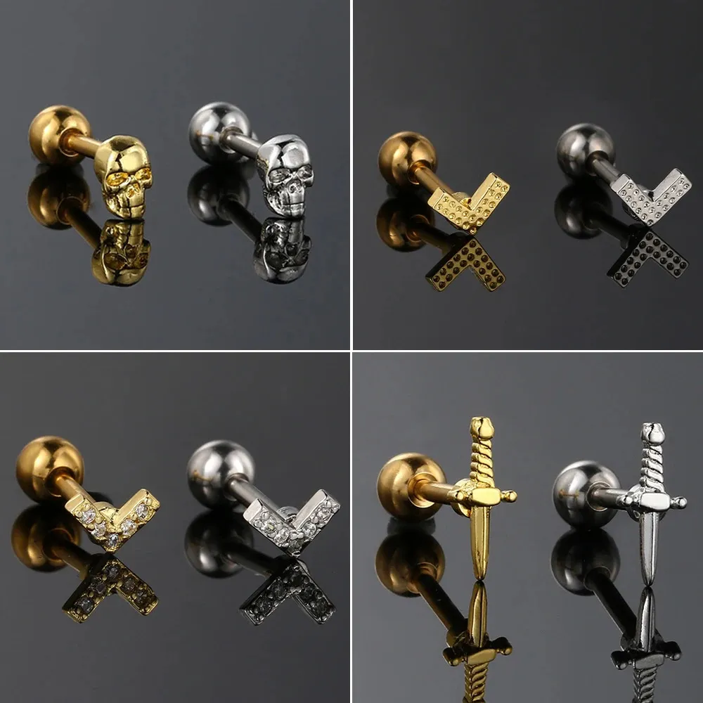 Stainless Steel Insect Skull Screw Ball Stud Earrings For Women Rhinestone Cartilage Piercing Earrings个性耳饰