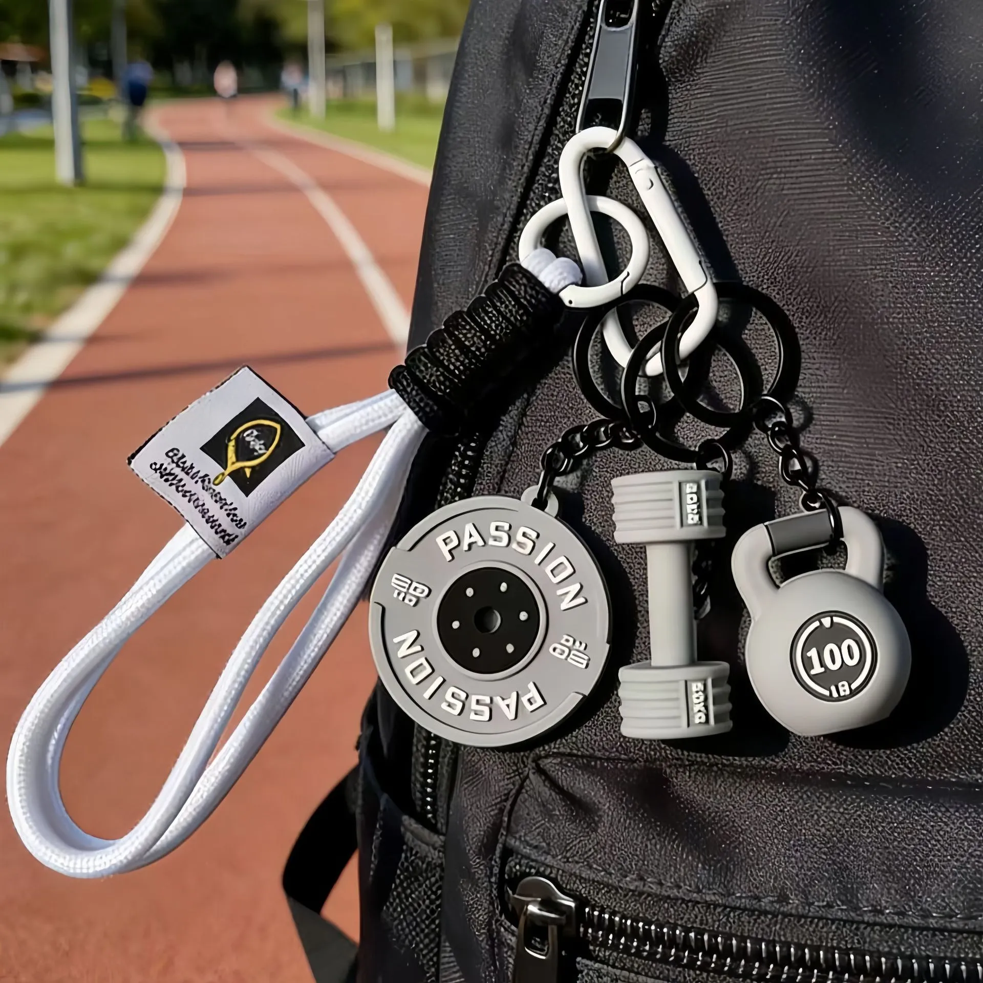 Fitness Series Sports Keychain Dumbbell Barbell Pendant Bag Charm PVC Metal Trendy Gym Key Ring Accessories