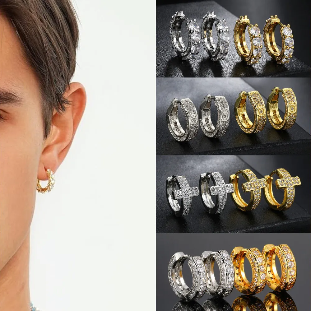 Men Hip Hop Stainless Steel Rhinestone Geometric Cross Screw Huggie Hoop Earrings Fashion Trend Jewelry Gift