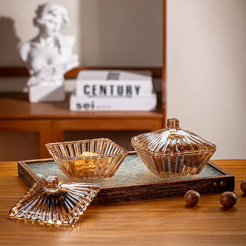 Europäisches Vintage Bernsteinglas Bonbonglas Mit Deckel Quadratisch Geripptes Vorratsglas Für Schmuck Zucker Nüsse Home Hochzeit Deko