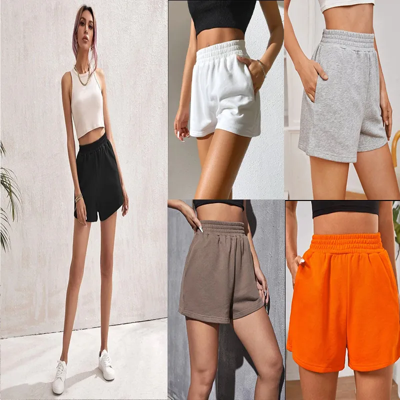 Women High Waist Elastic Band Sweat Shorts Casual Loose Wide Leg Athletic Shorts With Pockets Summer Solid Color Bottoms