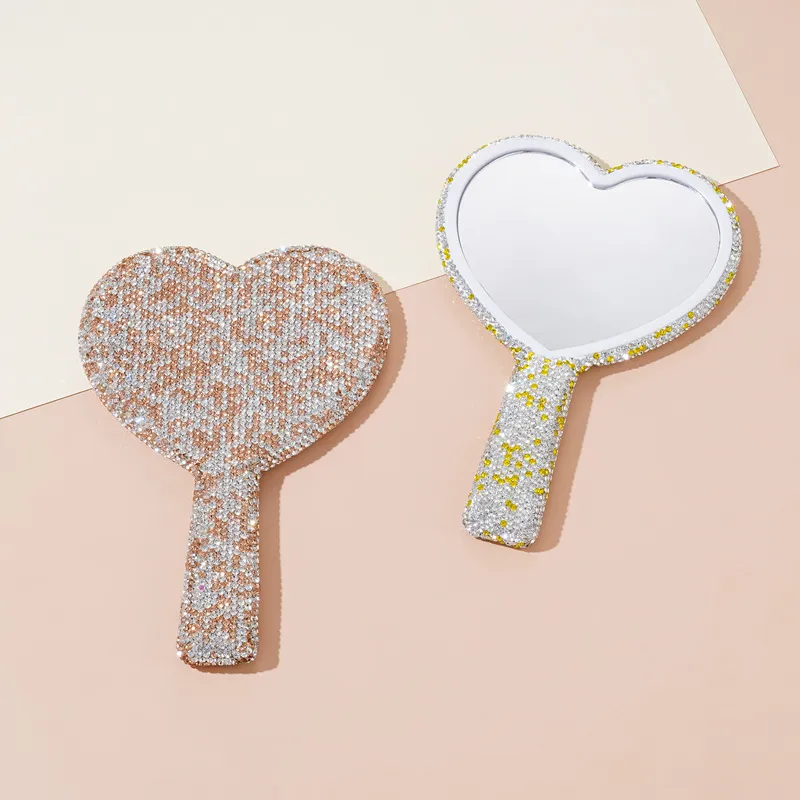 Portable Heart Shaped Handheld Makeup Mirror Cute Handle Hand Mirror Sparkling Rhinestone Cosmetic Vanity Mirror For Women Gift