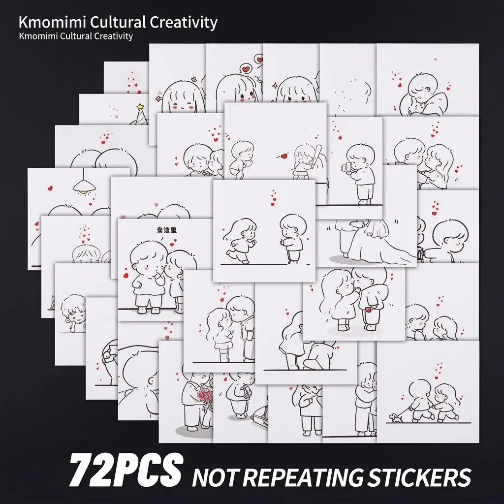 72 Pcs Couple Daily Illustration Stickers Cartoon Creative Black White Heart DIY Stickers For Journal Notebook Laptop Phone Case Decor
