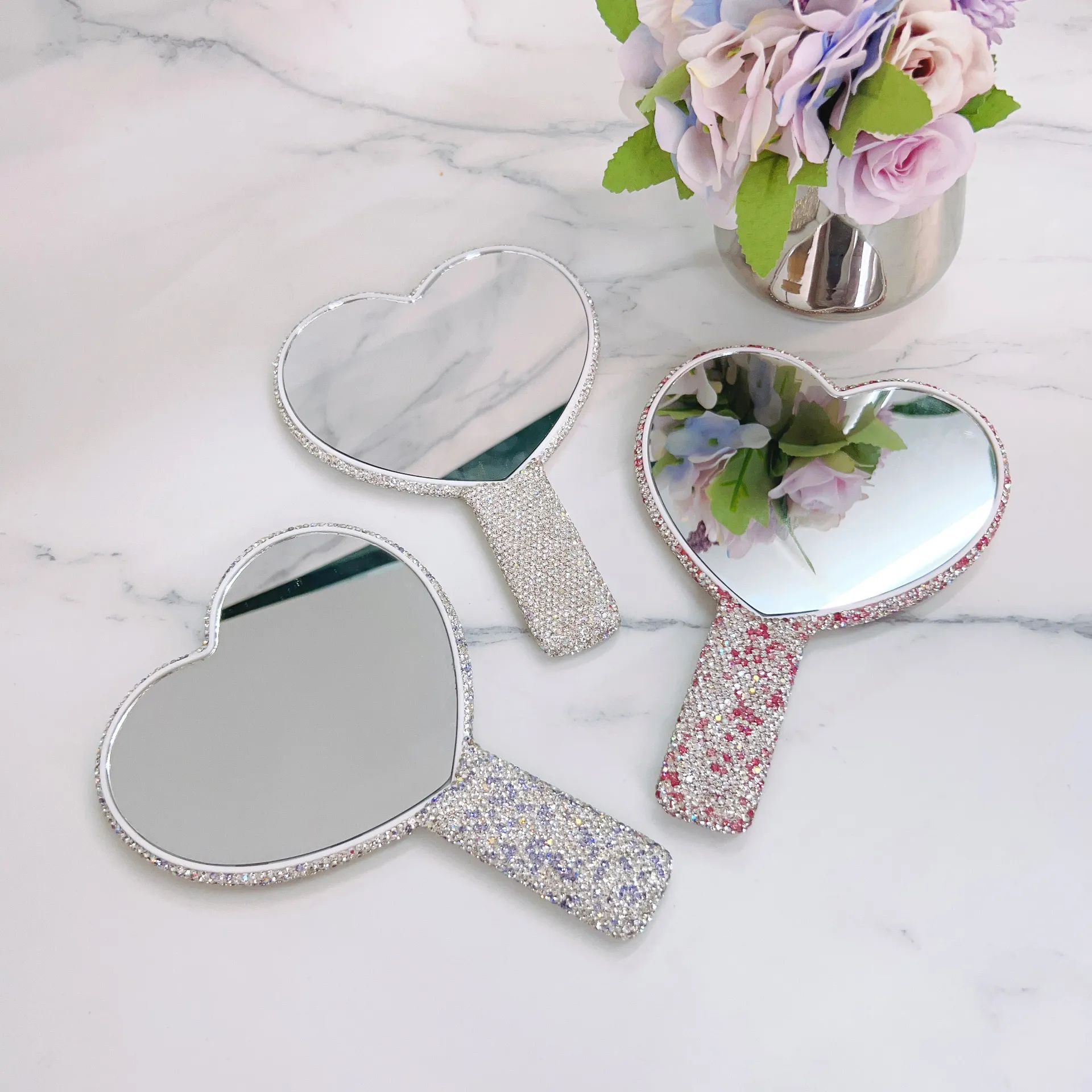 Espejo de Maquillaje de Mano Portátil Cristal Strass Corazón Redondo Cuadrado Espejo Cosmético con Marco ABS