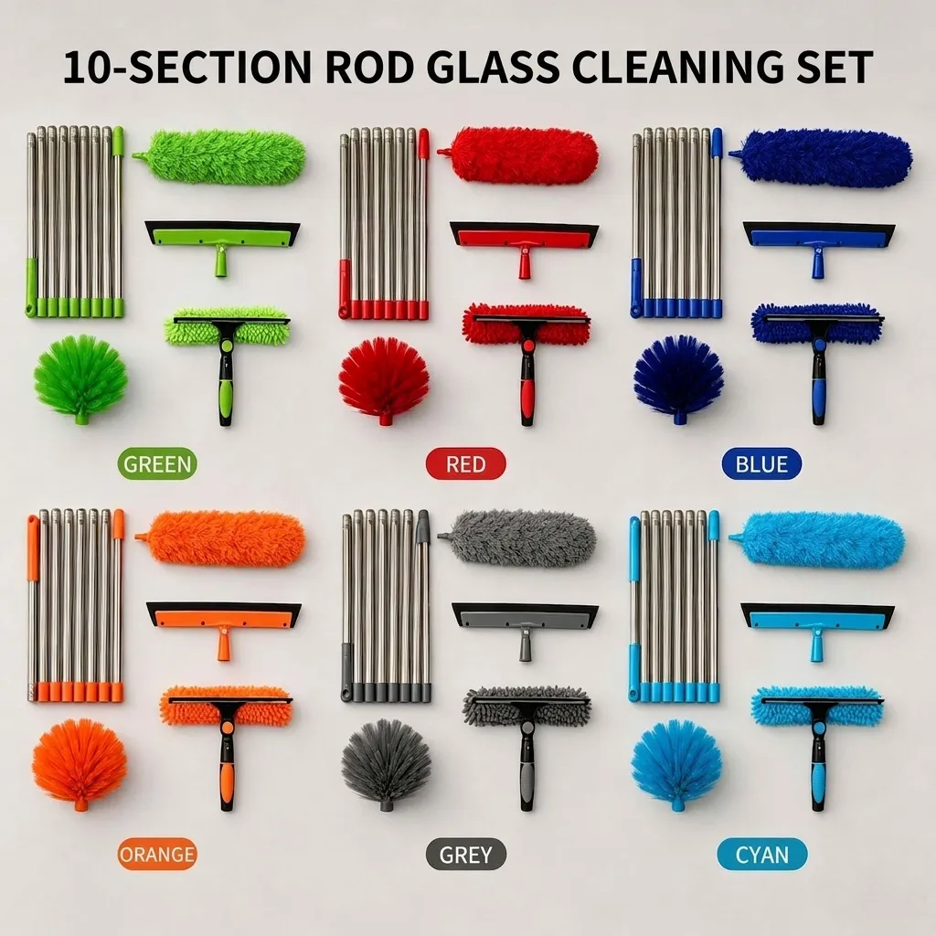 Multi Functional Window Squeegee Cleaner Kit Stainless Steel Sectional Extension Pole Microfiber Cobweb Duster Window Solar Panel Cleaning Tools Home