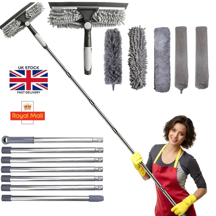 Stainless Steel Window Squeegee Scrubber Cleaner With Long Extension Pole Microfiber Cloth Professional Cleaning Tool For High Glass
