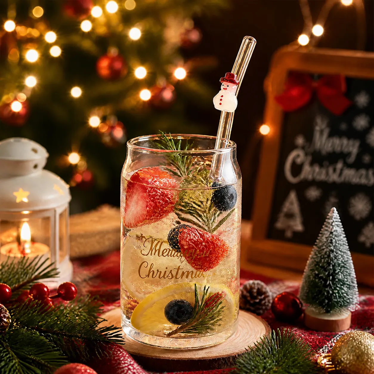 Ensemble de Pailles en Verre de Noël Réutilisables Résistantes à la Chaleur Pailles Transparentes avec Décoration Bonhomme de Neige Arbre Brosse de Nettoyage