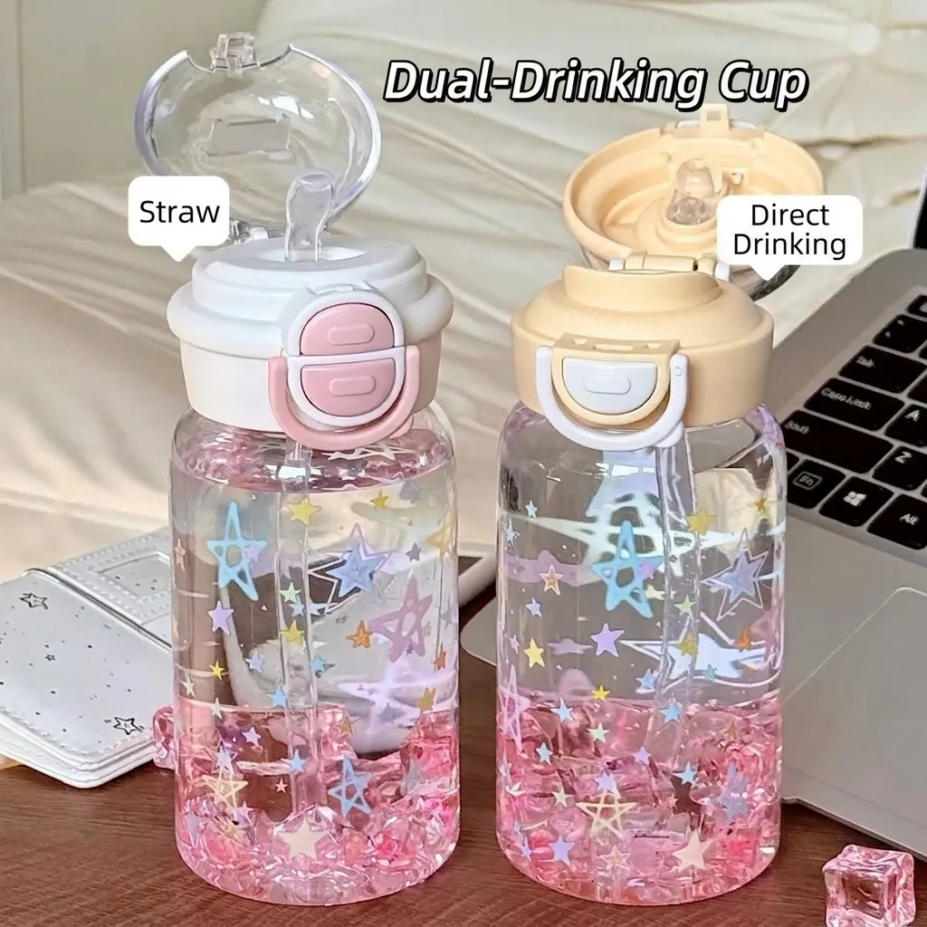 2025 Nuevo Vaso de Plástico con Pajita Estilo Ins Portátil de Gran Capacidad Tapa de Doble Bebida Patrón de Estrellas para Niñas