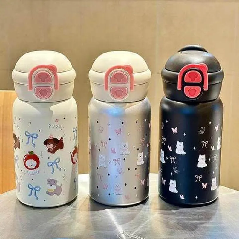 Mignon Chiot Nœud 316 Acier Inoxydable Bouteille D'Eau Isotherme Portable Étudiant Paille Tasse Thermos Grande Capacité
