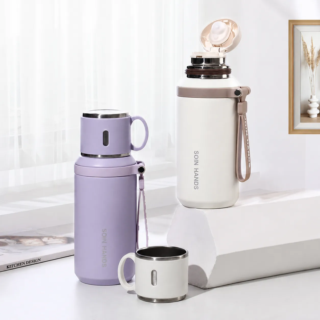 Grande Capacité 316 Acier Inoxydable Tasse Thermos Portable Extérieur Sports Flacon Vide Avec Couvercle Et Poignée 600ml Bouteille d'Eau