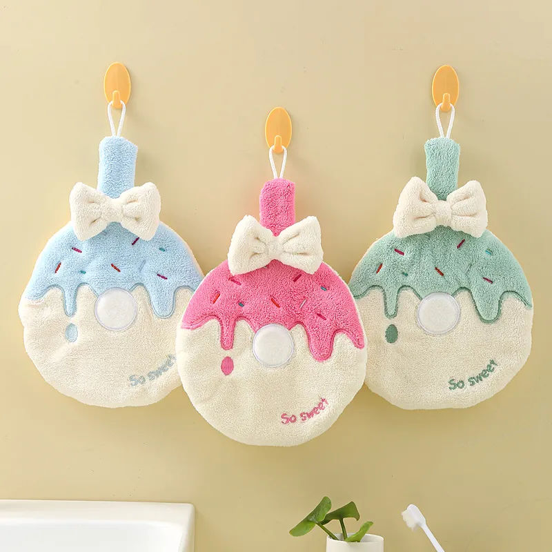 Cute Donut Shaped Hand Towels Coral Fleece High Absorbent Hanging Towels With Bowknot For Kitchen Bathroom Home Decor Hand Towel