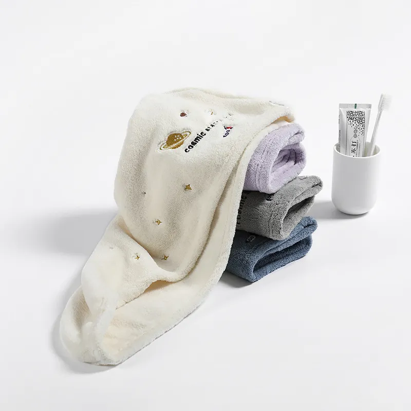 Coral Fleece Dry Hair Cap Quick Drying Water Absorbent Hair Towel Wrap With Button Cute Embroidery Women Hair Drying Cap