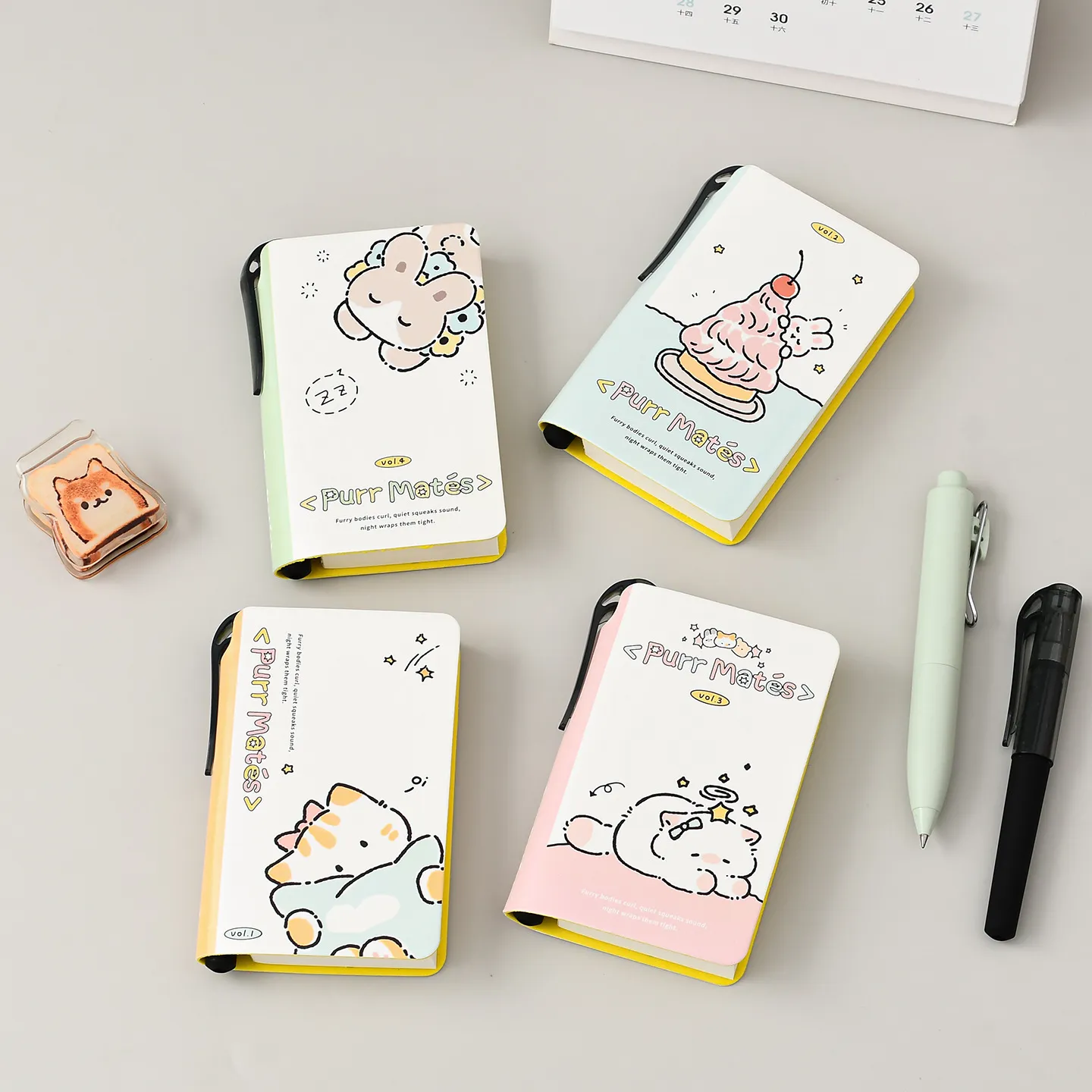 Ins Style Mini Portable Pocket Notebook With Integrated Pen Holder Cute Cartoon Cat Illustration Memo Pad For Students