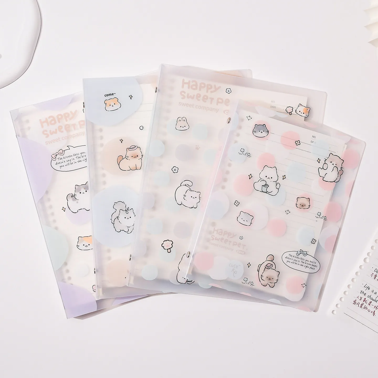 Cute Cartoon Cat Frosted PP Cover Loose-leaf Notebook For Students Removable Binder Journal Diary Stationery A5 B5 Size