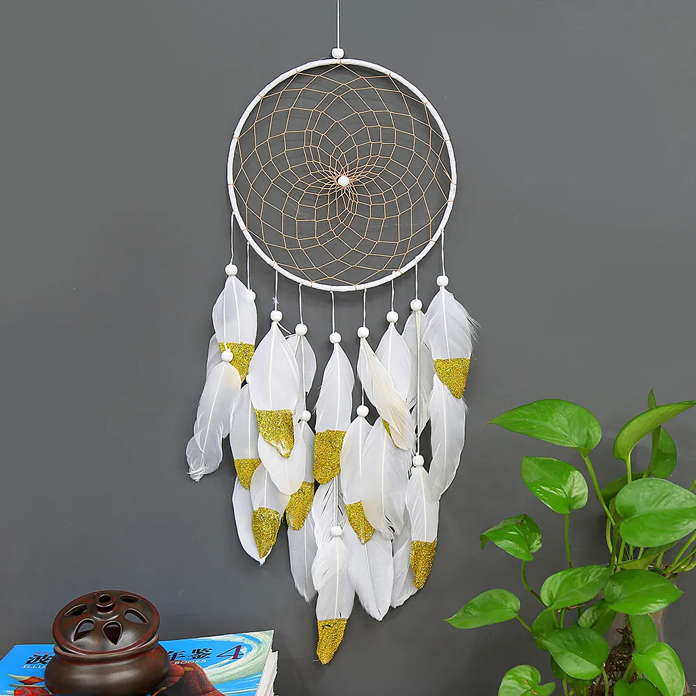 Indian Style Gold Powder White Big Fluffy Feather Dream Catcher Hanging Ornament For Home Decor Creative Gift