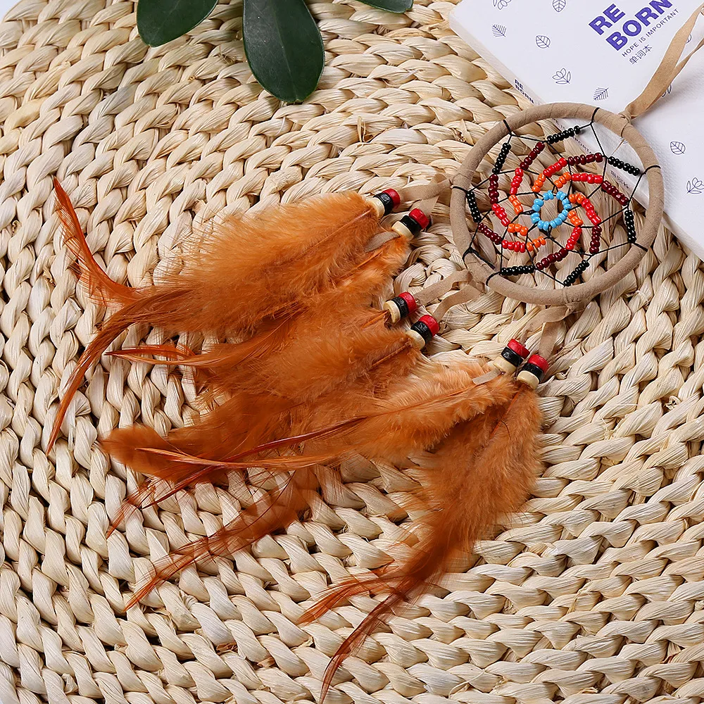 Handgefertigter Indianer Stil Feder Traumfänger Beige Kunststoffperlen Wandbehang Ornament Auto Innen Dekoration Schlafzimmer Deko