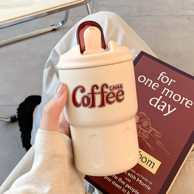 Termo de Acero Inoxidable Taza de Café Aislada Con Pajita Taza Portátil Antigoteo para Coche Oficina Al Aire Libre Viaje Vajilla de Bebida
