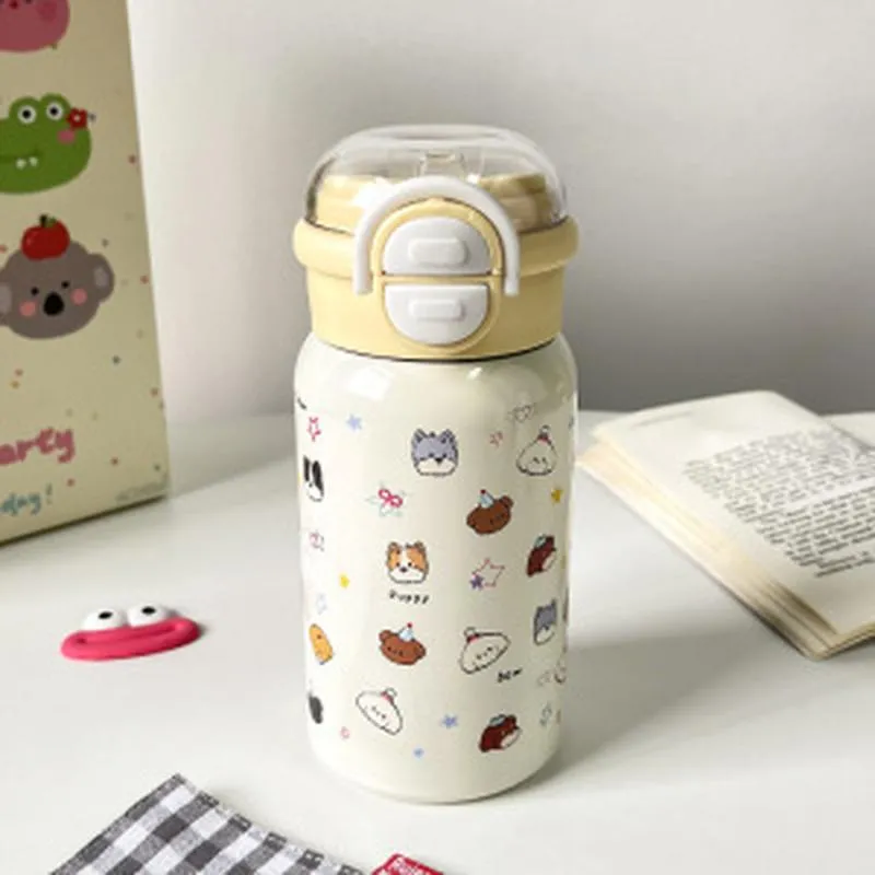 Termos in Acciaio Inossidabile 316 Con Disegno di Cucciolo Carino Con Cannuccia Bottiglia d'Acqua Isolata a Doppia Porta per Studenti Ragazze Quotidiano