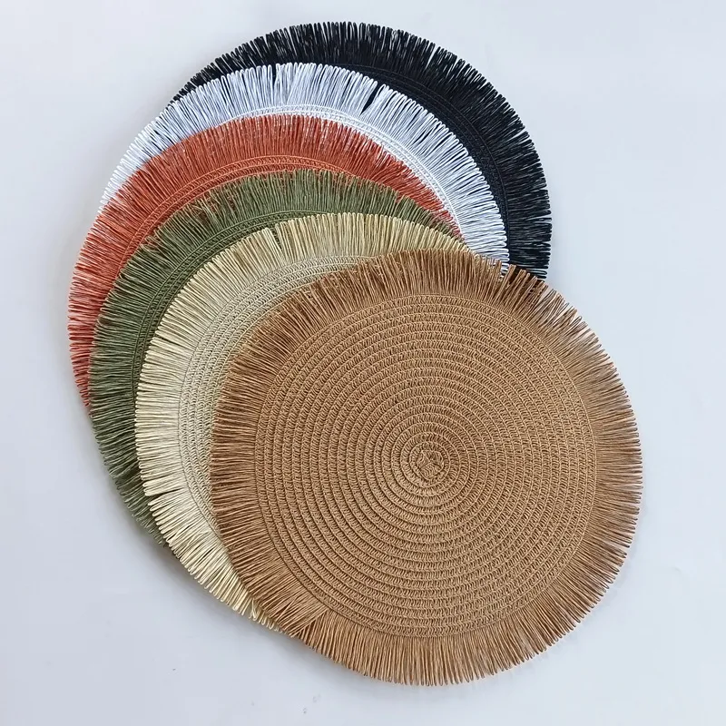 Set de Table Rond Tissé en Paille de Papier Minimaliste Européen Bord à Franges Résistant à la Chaleur Antidérapant Décor de Cuisine